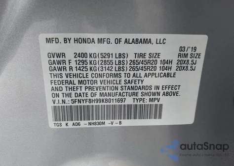 2019 Honda Passport Touring z USA, uszkodzony, nr VIN 5FNYF8H99KB011697